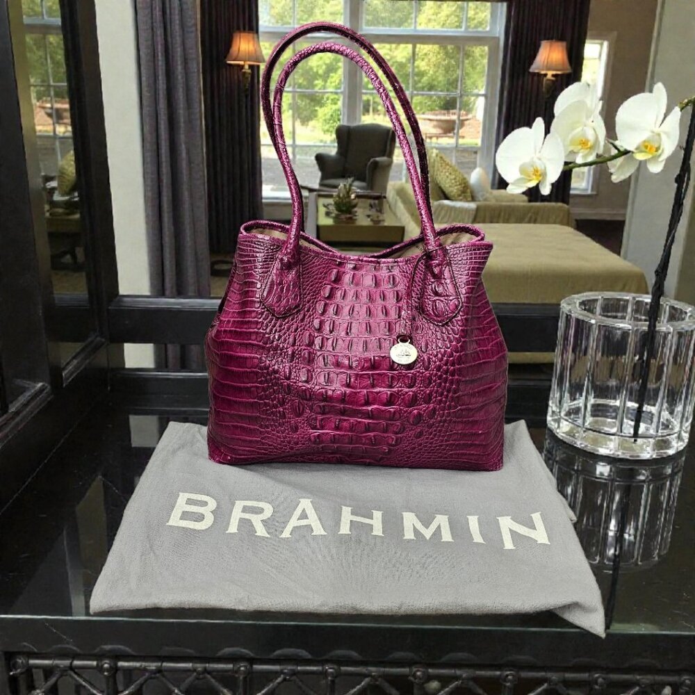 Brahmin Caroline Satchel Croc-embossed Leather Fuchsia Shoulder Bag Dust Bag